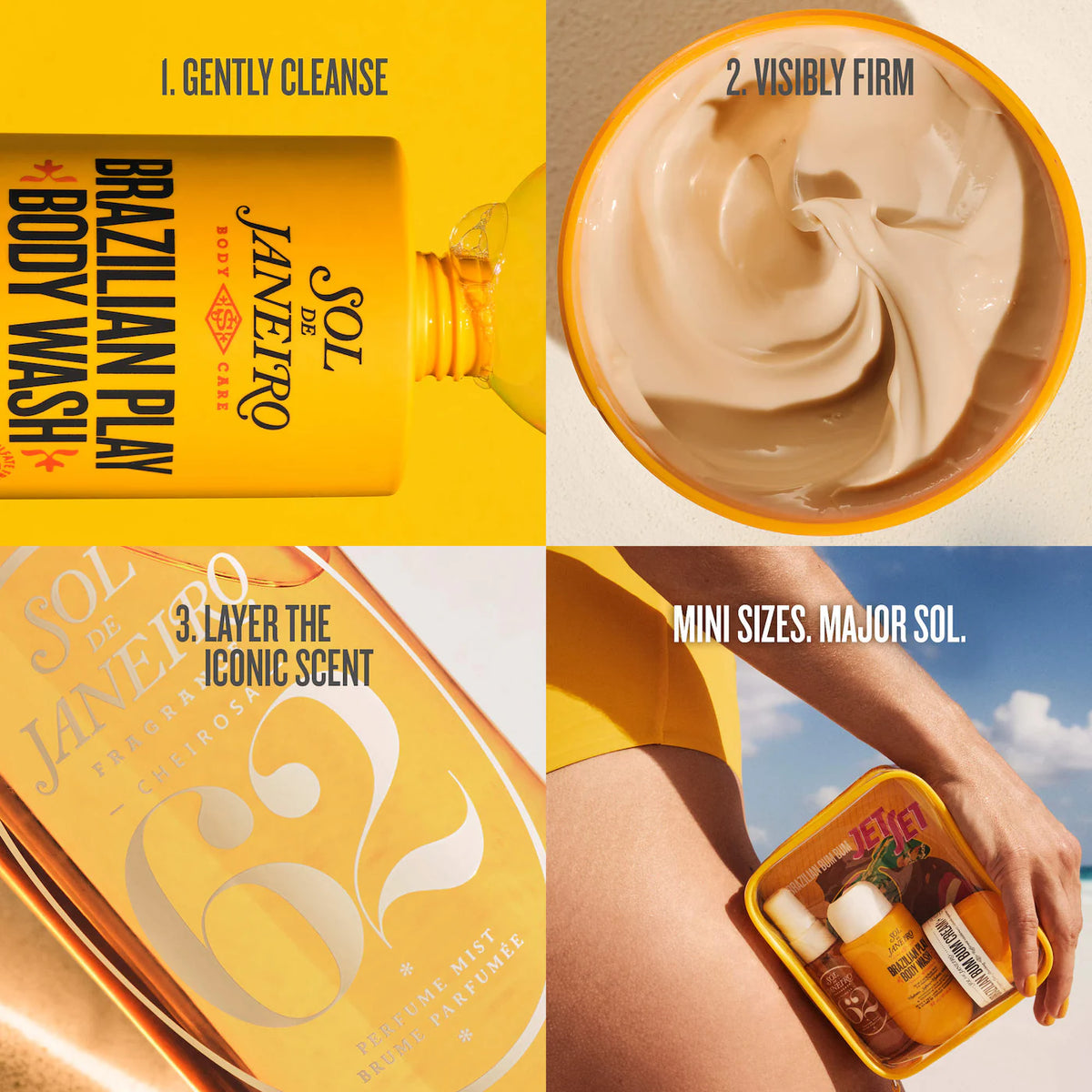 Collage of Sol de Janeiro products including body wash, cream, and iconic mist