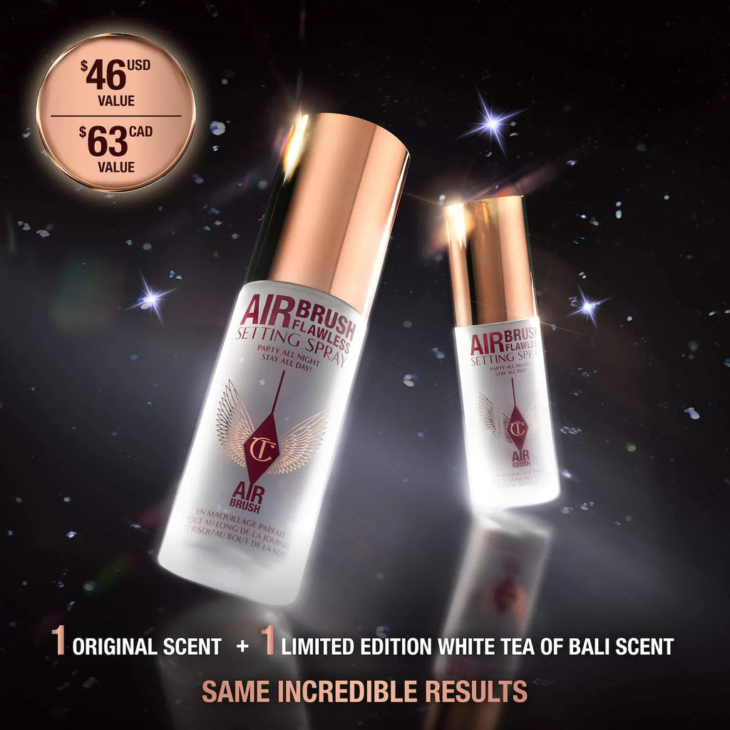 Charlotte Tilbury Mini Airbrush Flawless Setting Spray Duo Set limited edition with 1 white tea of Bali scent and on original scent